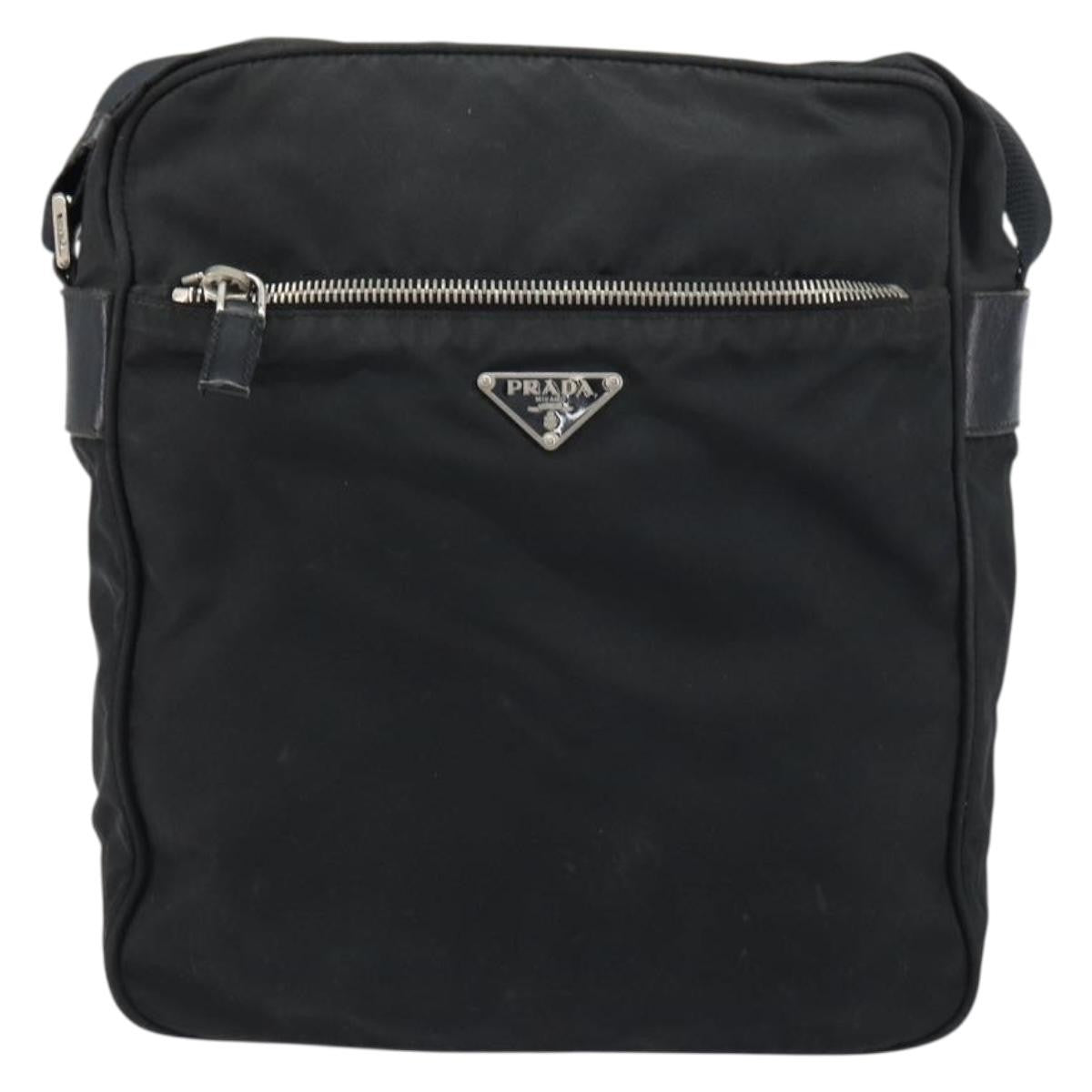 Prada Front Pocket Zip Messenger Bag Tessuto with Saffiano Leather, Black, Nylon, Shoulder Bag