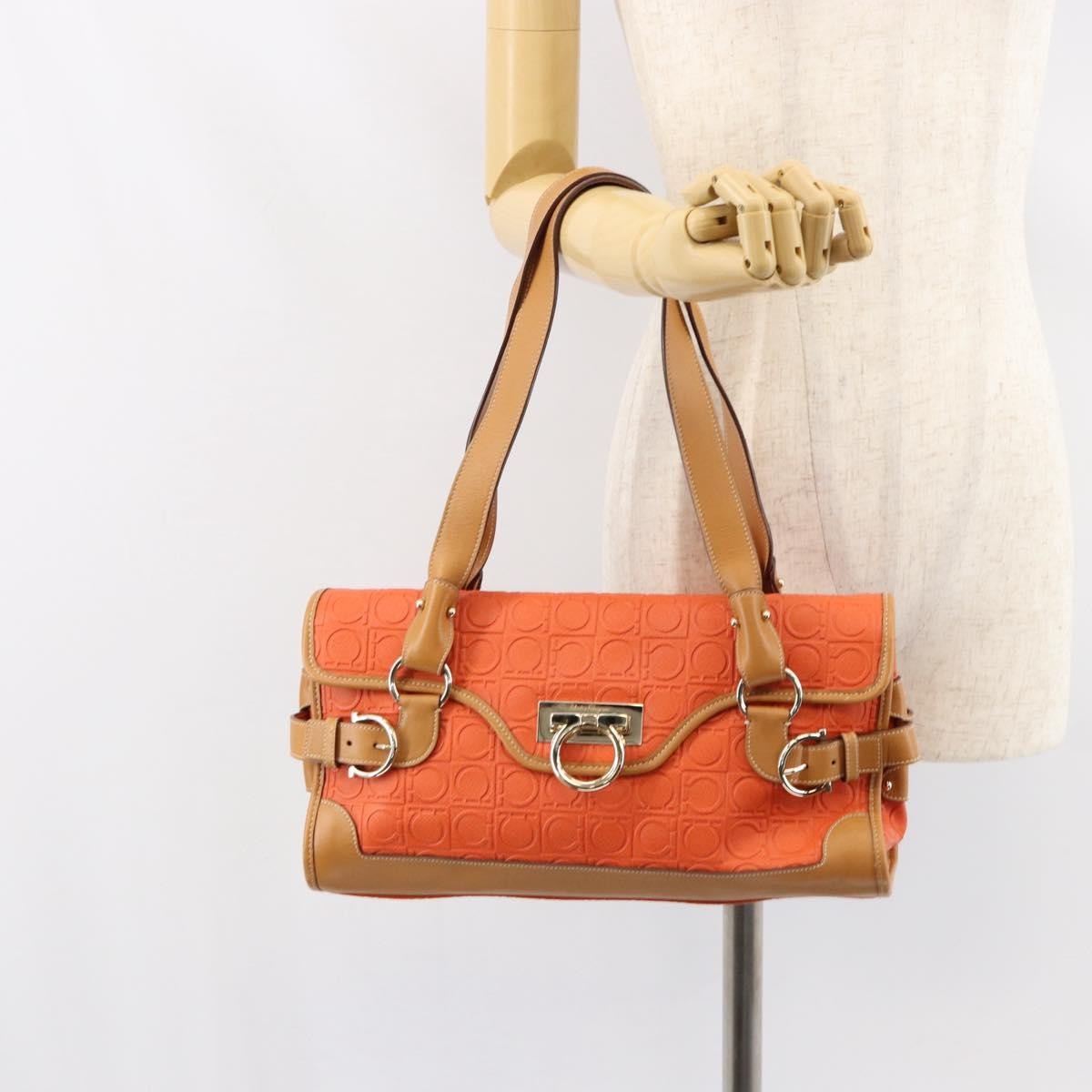 Salvatore Ferragamo Gancini Shoulder Bag Canvas, ORANGE, PVC, Shoulder bag