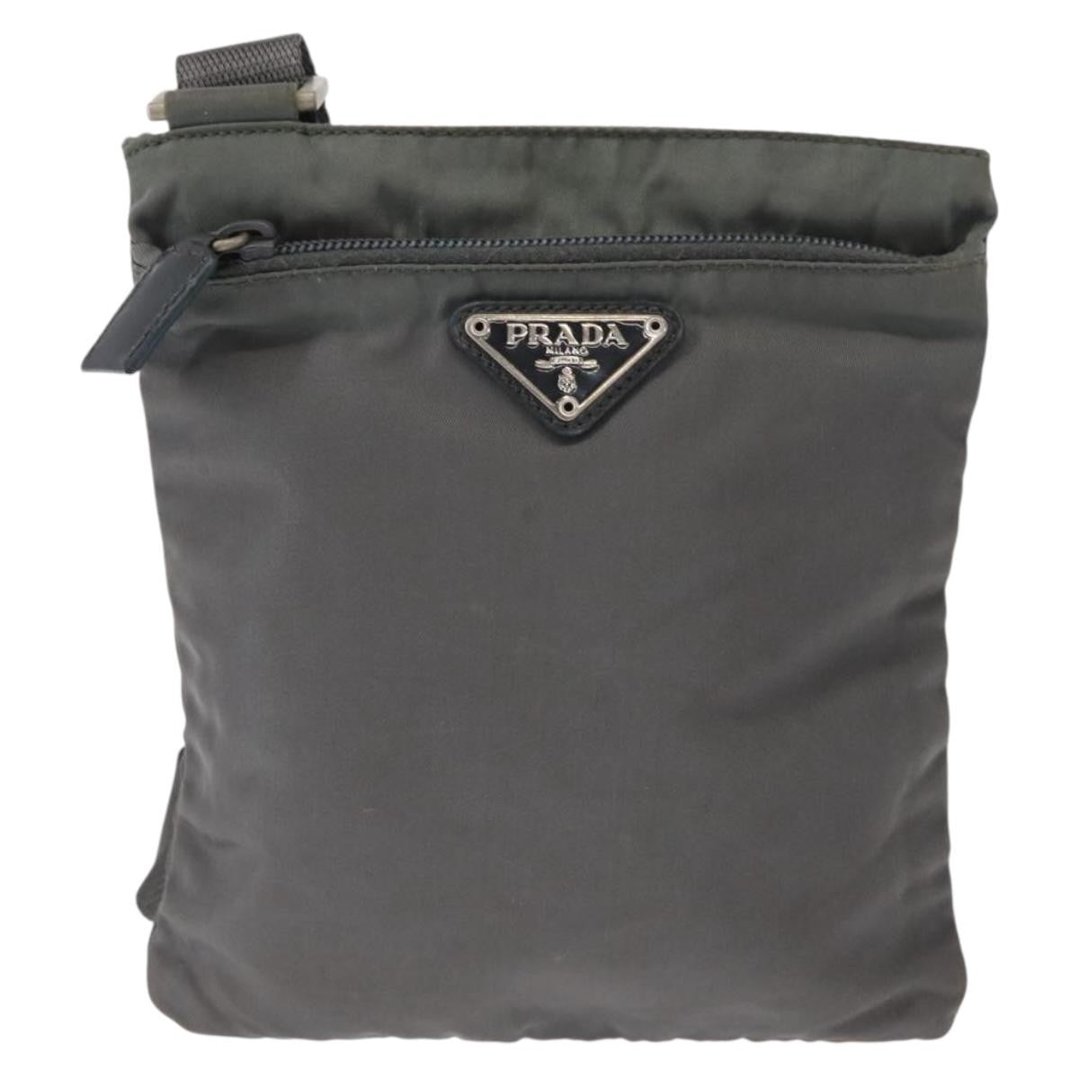 Prada Front Zip Convertible Flat Messenger Tessuto with Leather, GRAY, NYLON, Shoulder bag