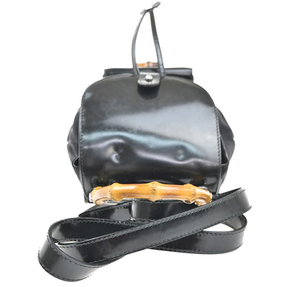 Gucci Vintage Bamboo Backpack Nylon and Patent Leather, BLACK, NYLON, Backpack