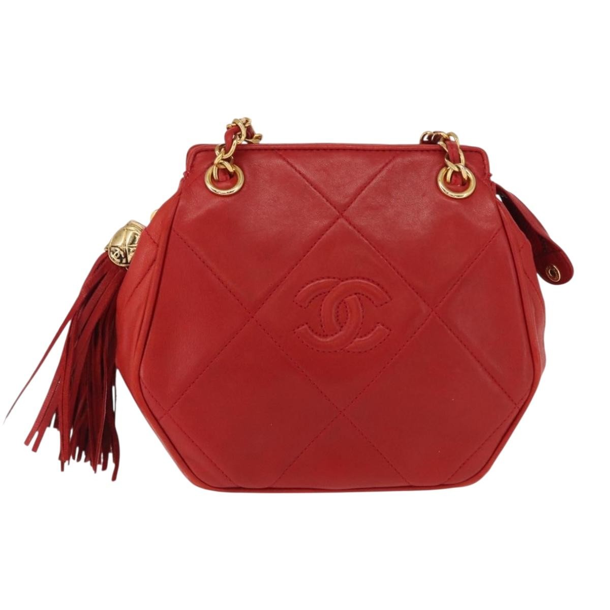 Chanel Vintage Diamond CC Tassel Shoulder Bag Quilted Leather, RED, LEATHER, Shoulder bag