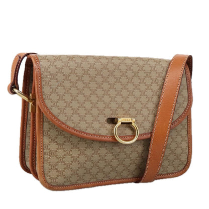 Celine Vintage Macadam Shoulder Bag Canvas and Leather, Beige, Canvas, Shoulder Bag