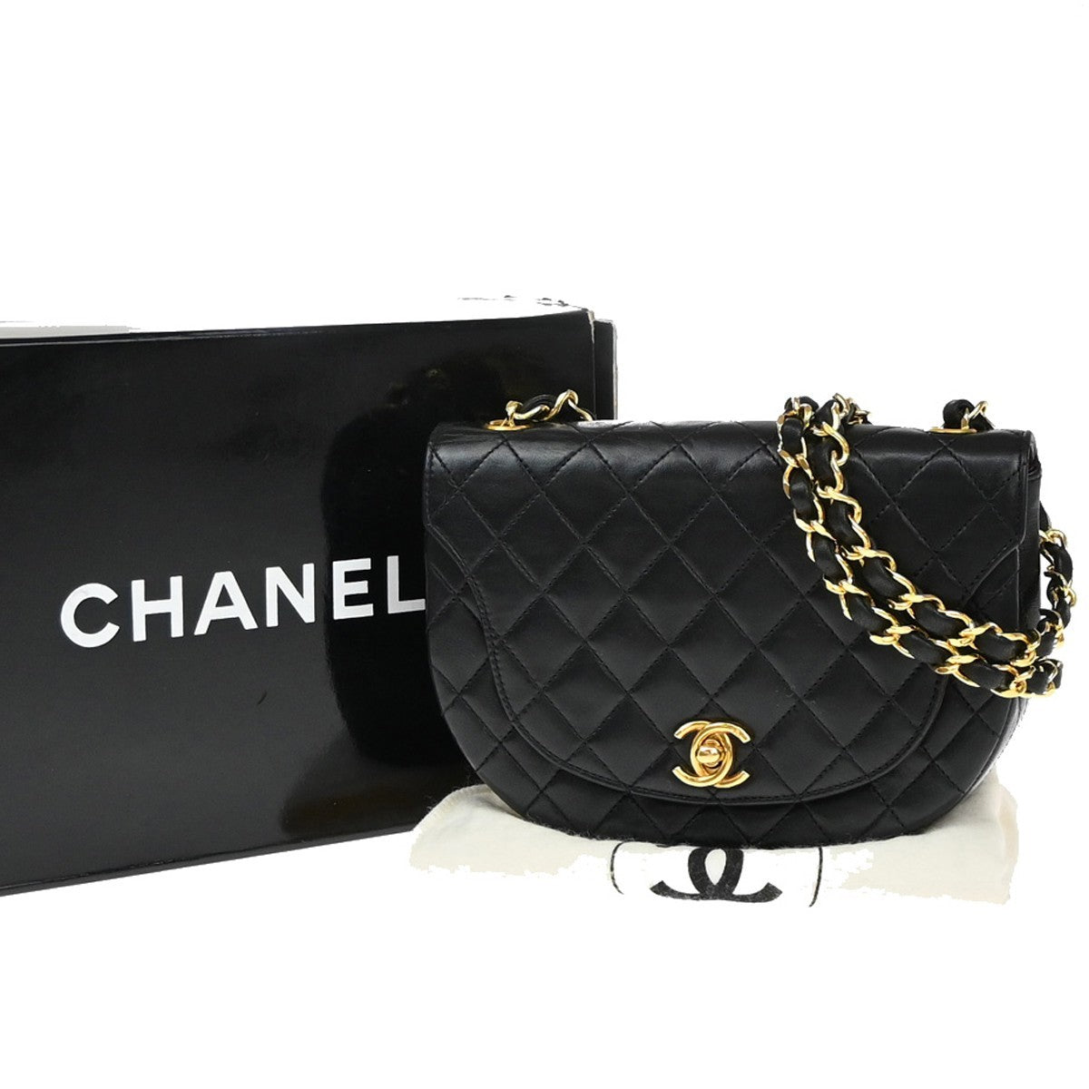 Chanel Vintage Half Moon Flap Bag Quilted lambskin, BLACK, LEATHER, Shoulder bag