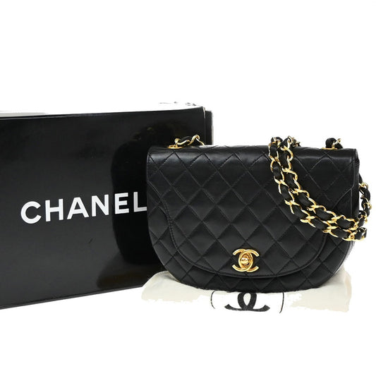 Chanel Vintage Half Moon Flap Bag Quilted lambskin, BLACK, LEATHER, Shoulder bag