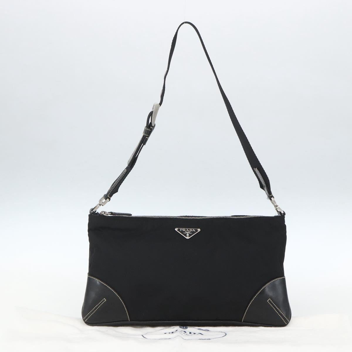 Prada Belted Shoulder Bag Tessuto with Leather, BLACK, NYLON, Shoulder bag
