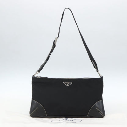 Prada Belted Shoulder Bag Tessuto with Leather, BLACK, NYLON, Shoulder bag
