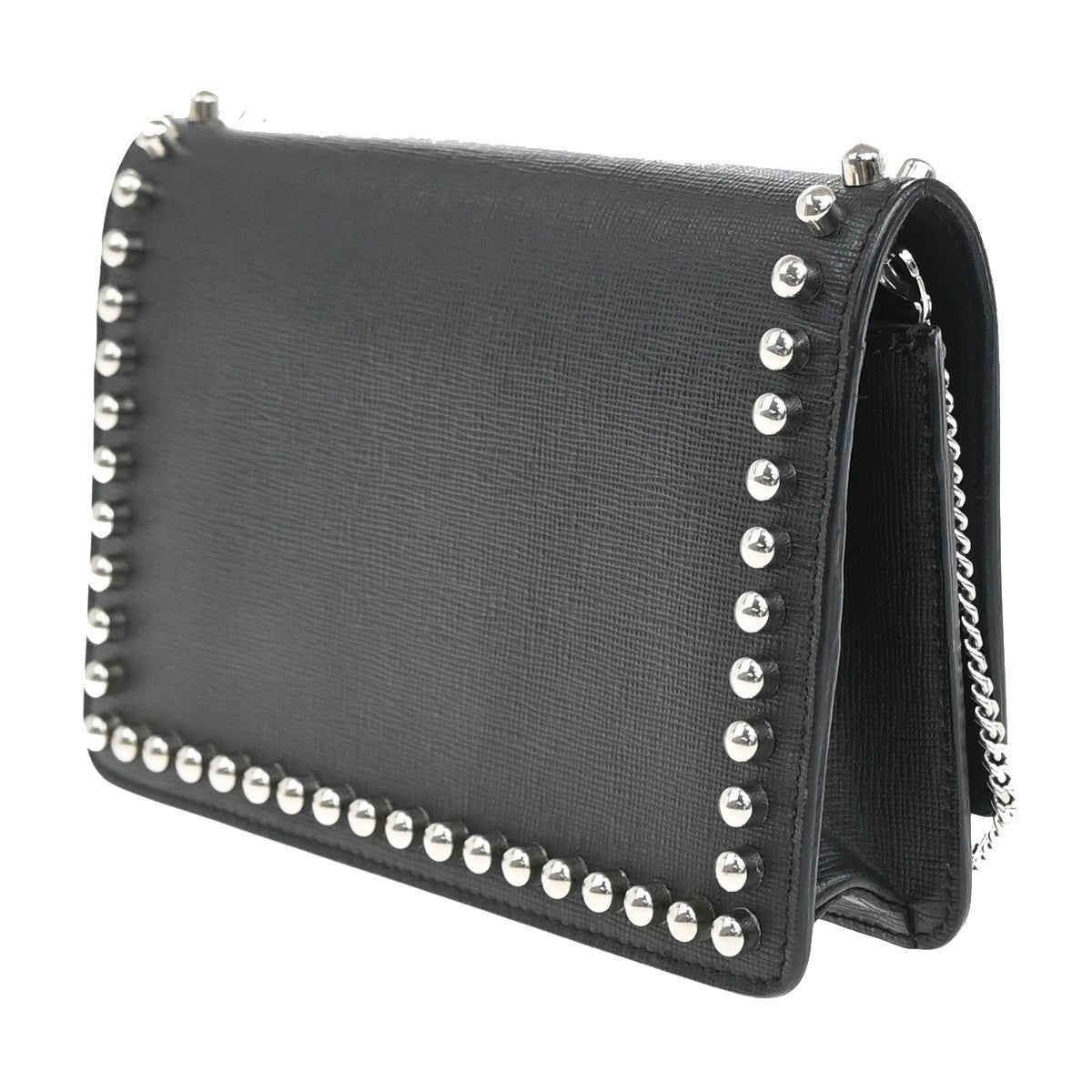 Fendi Karlito Wallet on Chain Studded Saffiano Leather, Black, Leather, Shoulder Bag