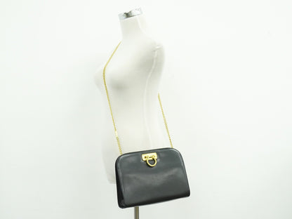 Salvatore Ferragamo Vintage Gancini Chain Shoulder Bag Leather, BLACK, LEATHER, Shoulder bag