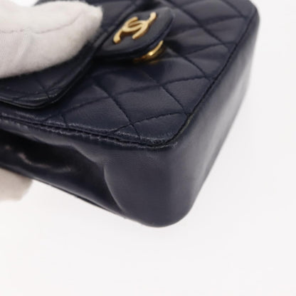 Chanel Square Classic Single Flap Top Handle Bag Quilted Lambskin, NAVY, LEATHER, Clutche & pouche