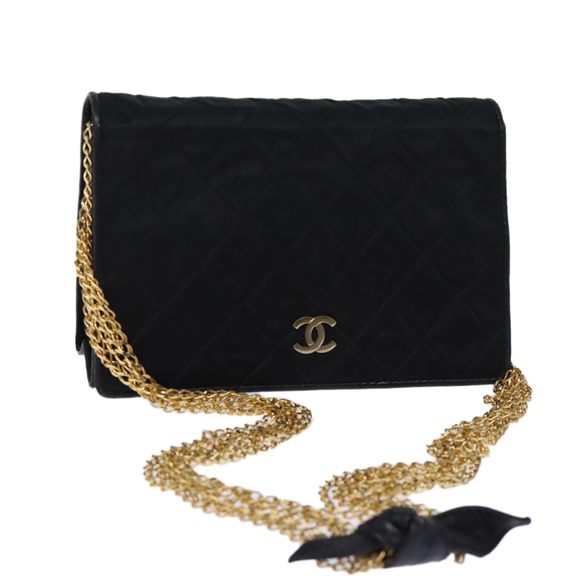 Chanel Vintage Full Flap Shoulder Bag Quilted Satin, BLACK, SATIN, Shoulder bag