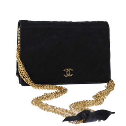 Chanel Vintage Full Flap Shoulder Bag Quilted Satin, BLACK, SATIN, Shoulder bag