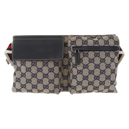 Gucci Vintage Double Belt Bag GG Canvas with Leather, NAVY, CANVAS, Clutche & pouche