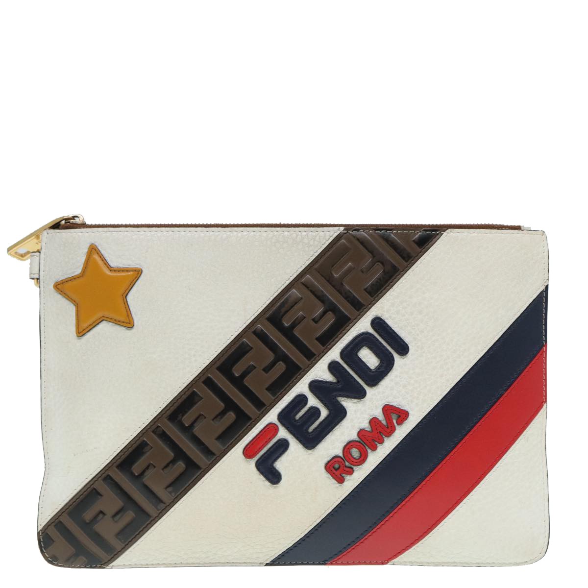 Fendi Mania Logo Zip Pouch Inlaid Leather, BEIGE, LEATHER, Clutche & pouche