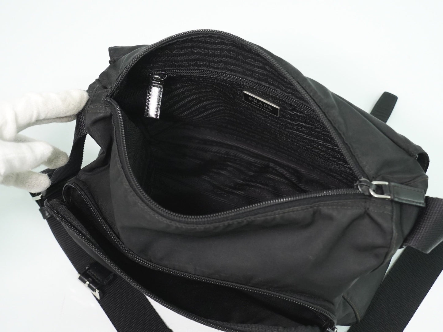 Prada Zip Buckle Messenger Bag Tessuto, BLACK, NYLON, Shoulder bag