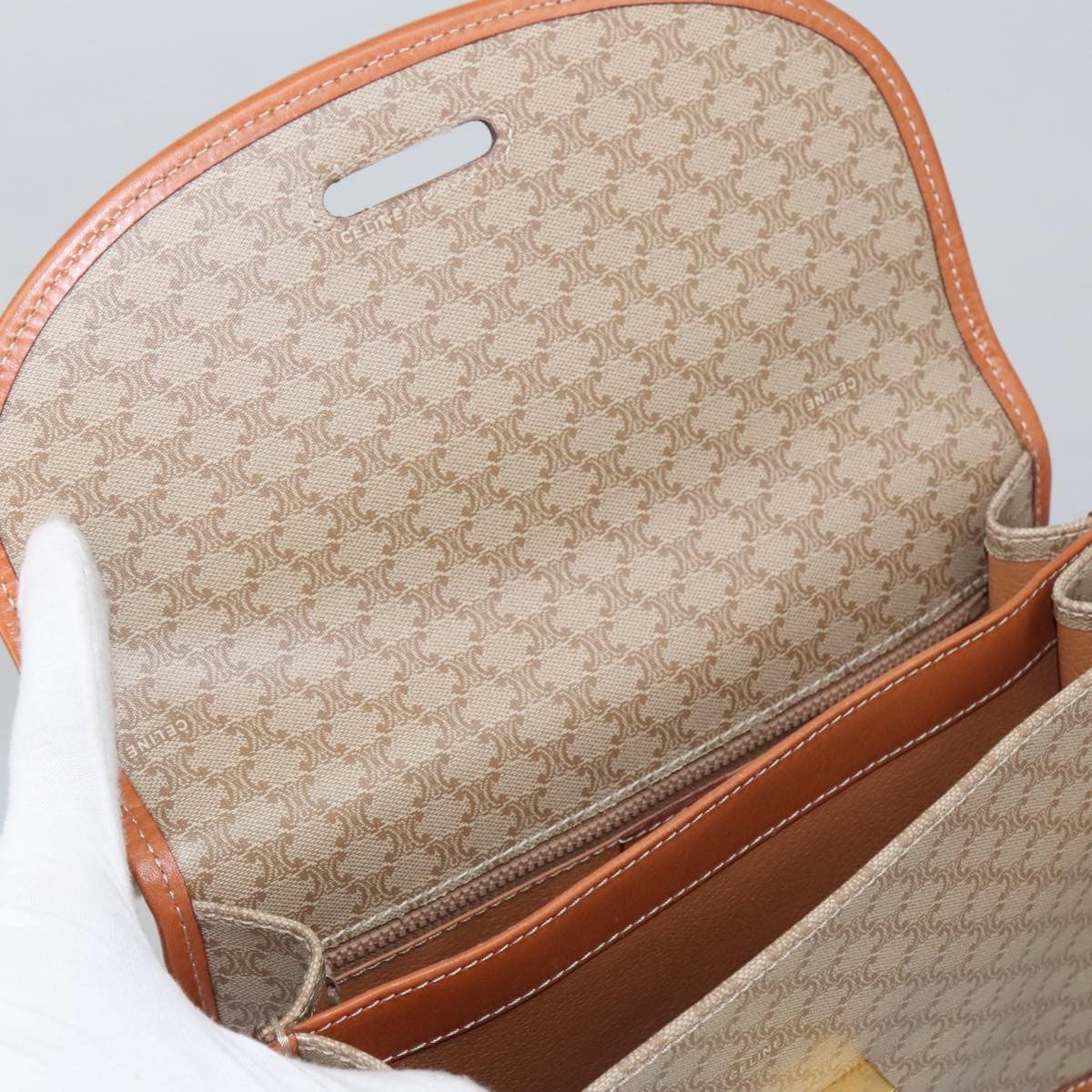 Celine Vintage Macadam Shoulder Bag Canvas and Leather, Beige, Canvas, Shoulder Bag