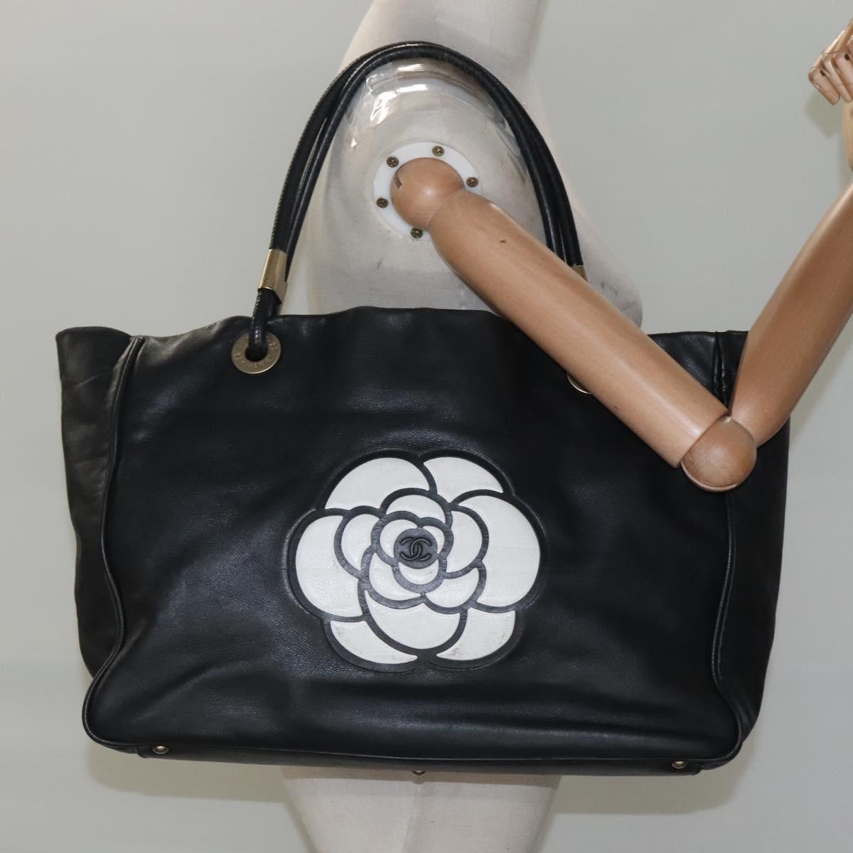 Chanel Camellia Tote Leather, BLACK, LEATHER, Tote bag