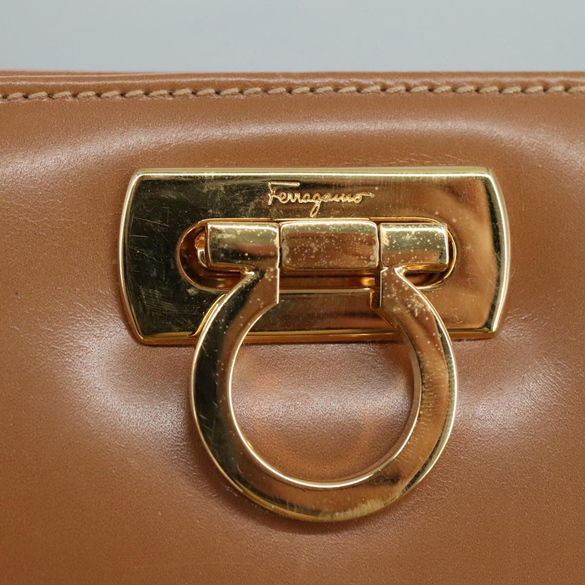 Salvatore Ferragamo Vintage Gancini Pochette Leather, BROWN, LEATHER, Clutche & pouche