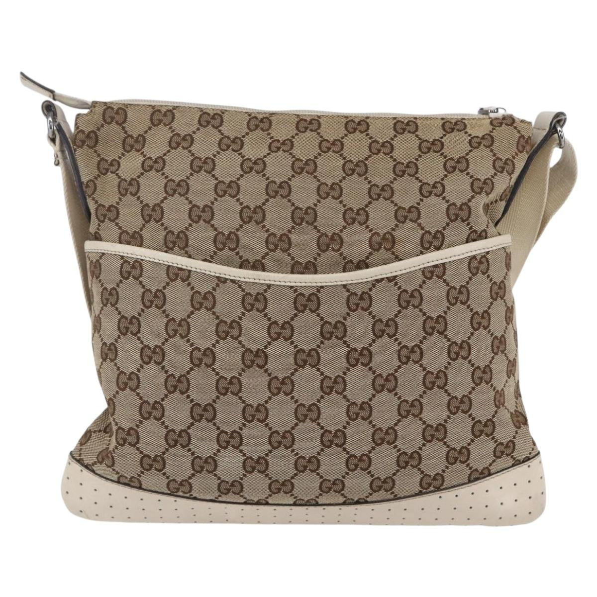 Gucci Zip Messenger Bag GG Canvas with Perforated Leather, BEIGE, CANVAS, Shoulder bag