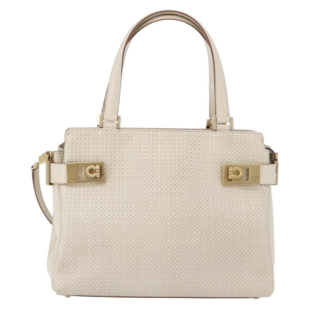 Salvatore Ferragamo Double Gancini Side Buckle Tote Leather, BEIGE, LEATHER, Handbag