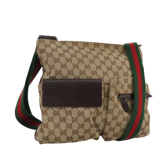 Gucci Double Pocket Web Messenger GG Canvas, Brown, Canvas, Shoulder Bag