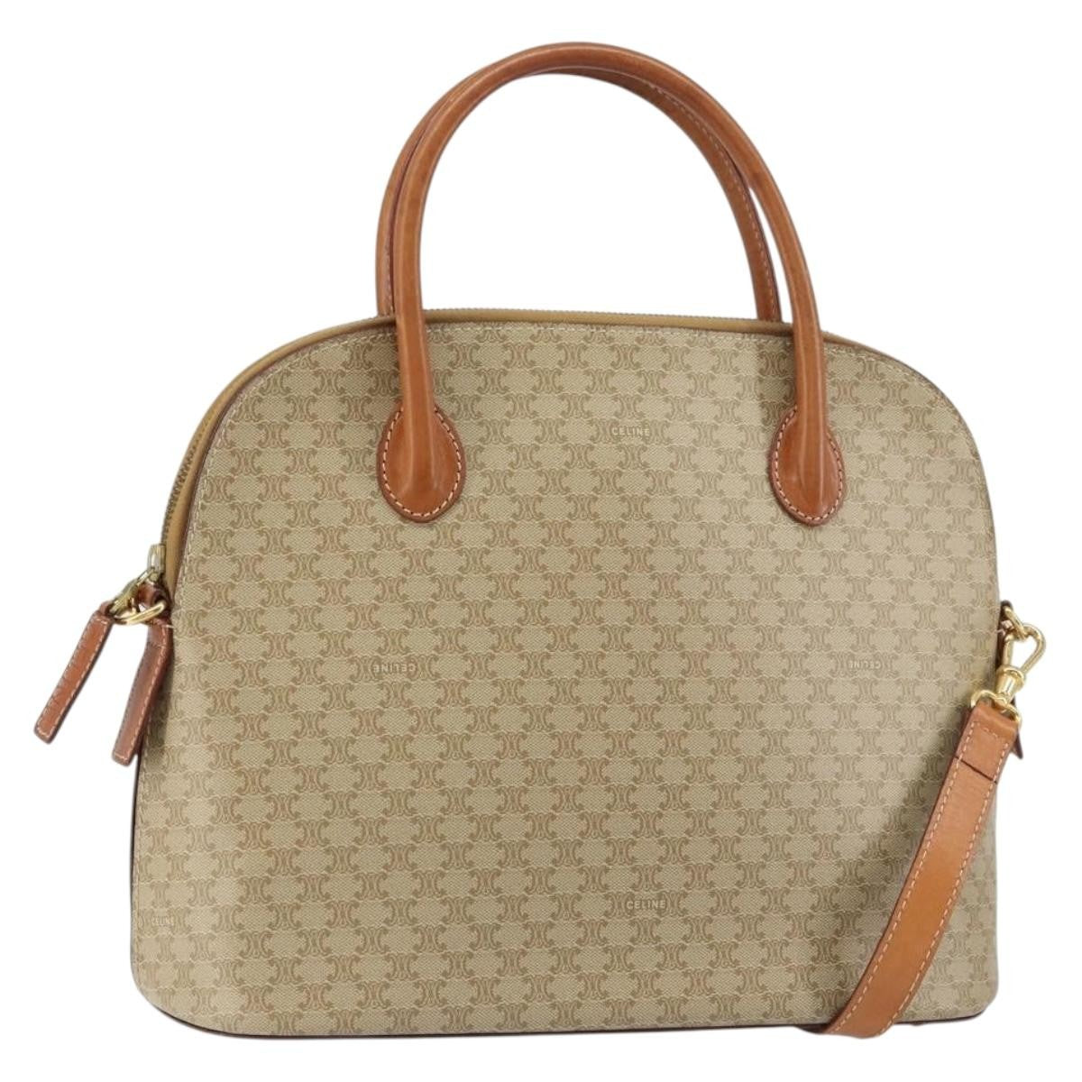 Celine Vintage Macadam Handbag Canvas and Leather, BEIGE, CANVAS, Handbag