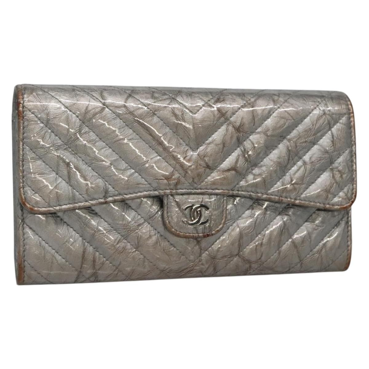 Chanel L-Flap Wallet Chevron Patent, SILVER, PATENT_LEATHER, Wallets