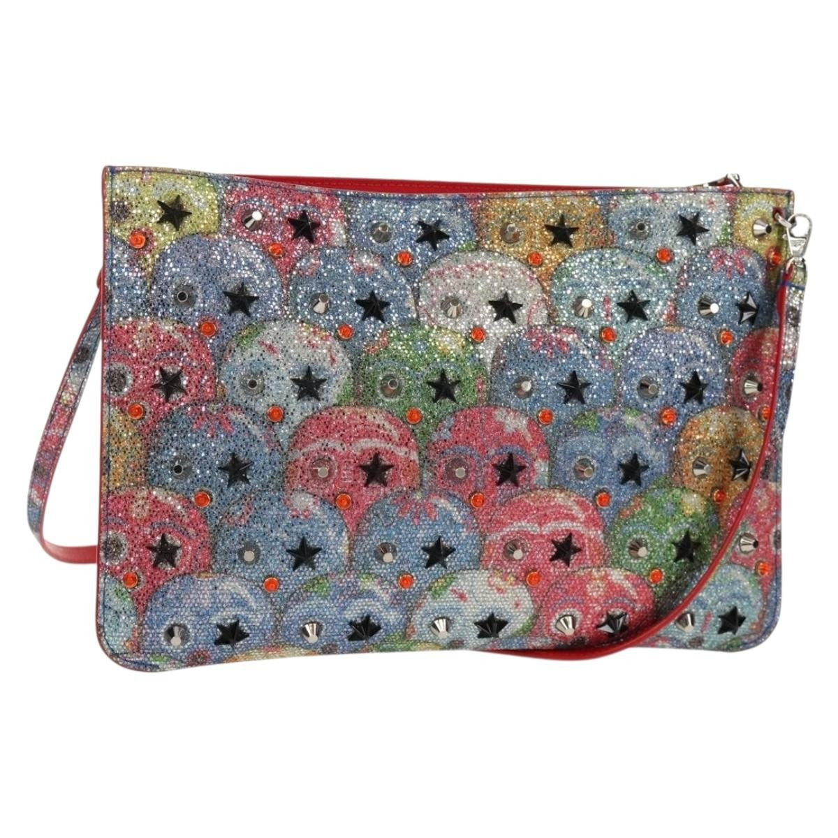 Christian Louboutin Loubiclutch Spiked Printed Leather, RED, CANVAS, Shoulder bag