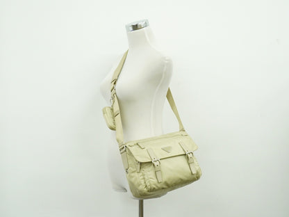 Prada Double Buckle Flap Messenger Bag Re-Nylon, BEIGE, NYLON, Shoulder bag
