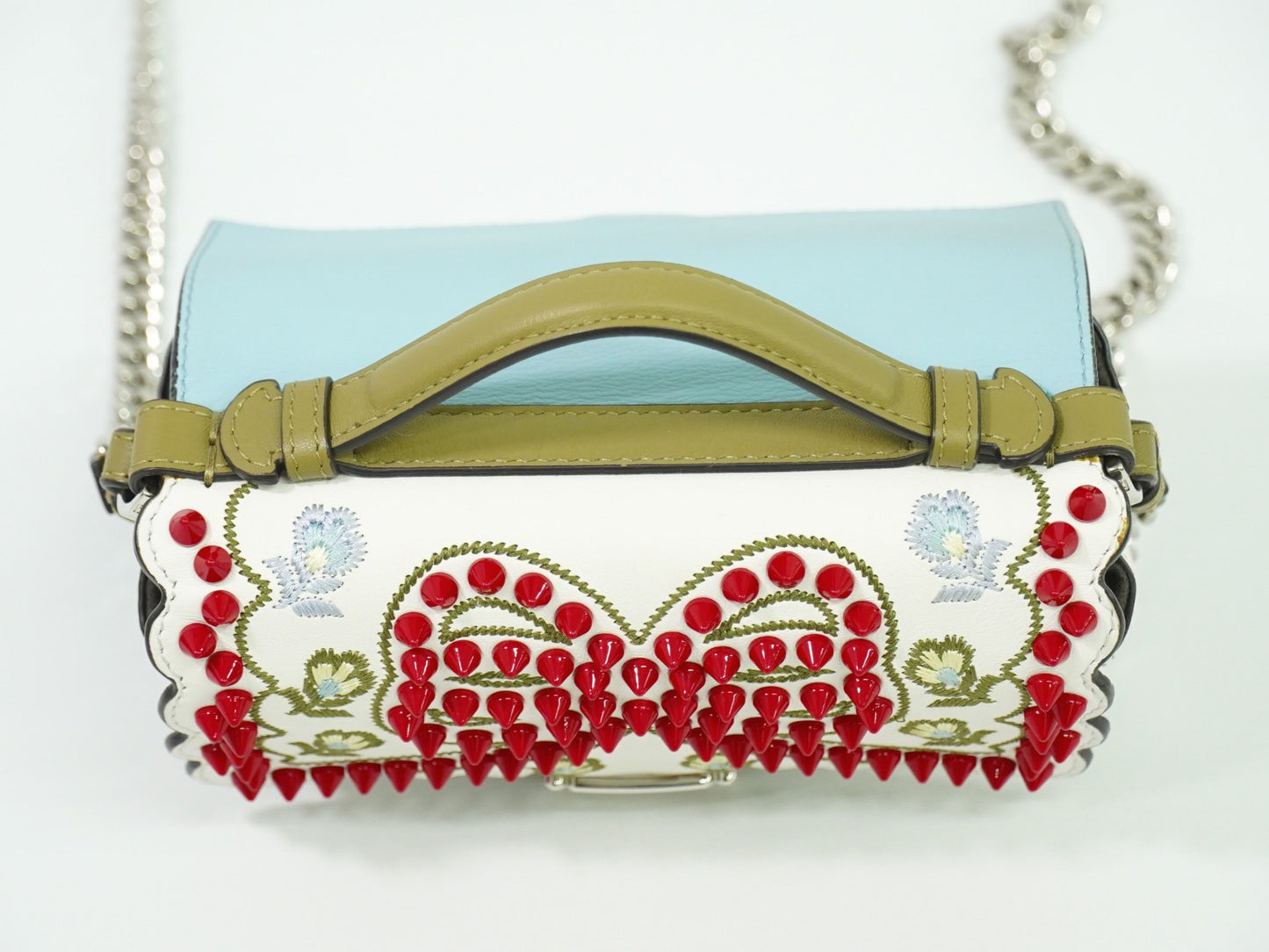 Fendi Double Baguette Embroidered Studded Leather, WHITE, LEATHER, Shoulder bag