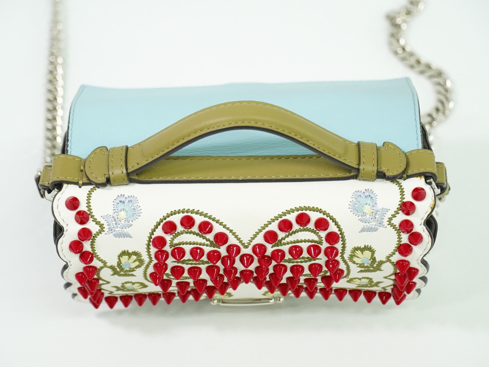 Fendi Double Baguette Embroidered Studded Leather, WHITE, LEATHER, Shoulder bag
