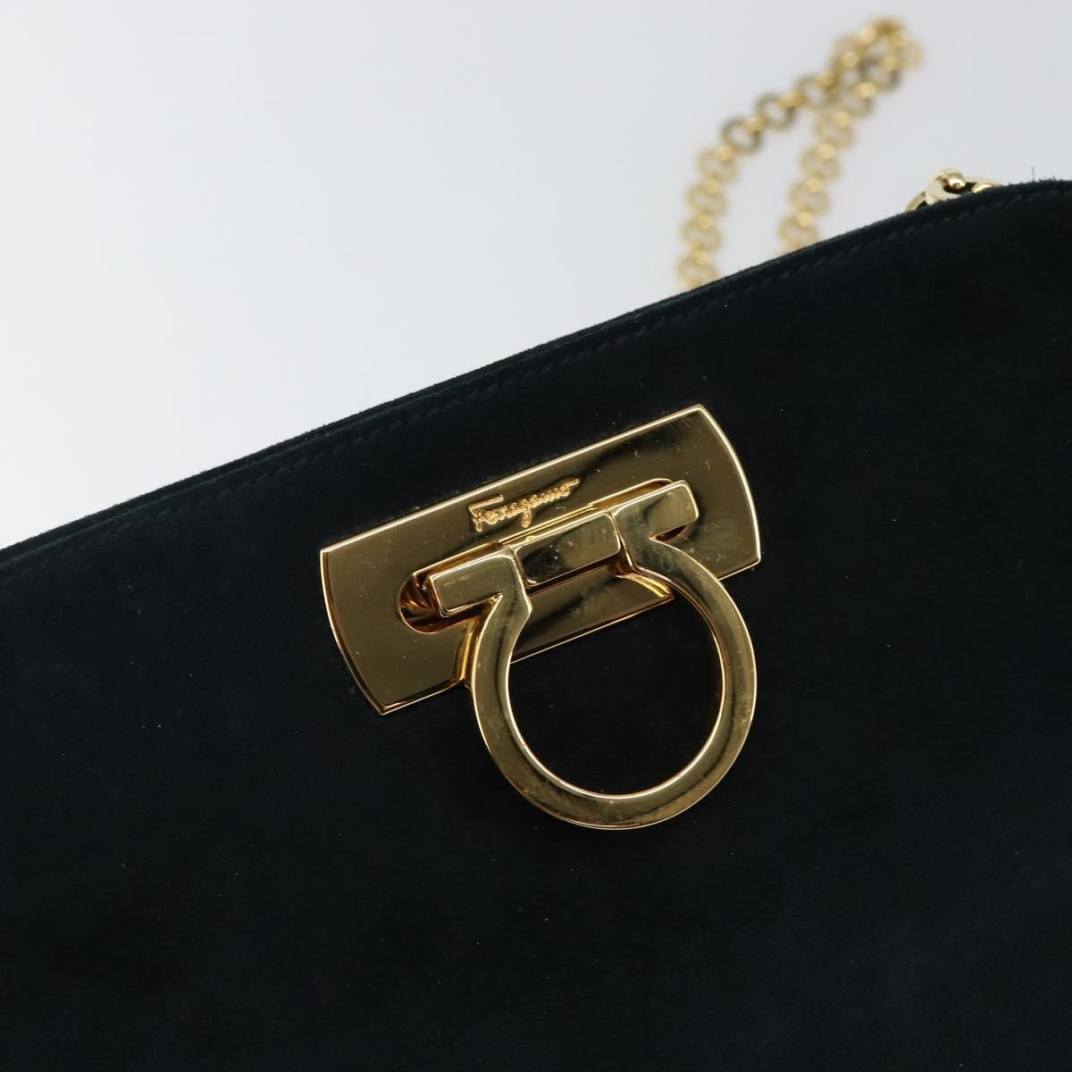 Salvatore Ferragamo Gancini Chain Shoulder bag Suede, NAVY, SUEDE, Shoulder bag
