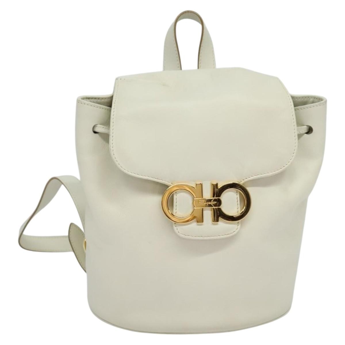 Salvatore Ferragamo Gancini Flap Drawstring Backpack Leather, WHITE, LEATHER, Backpack