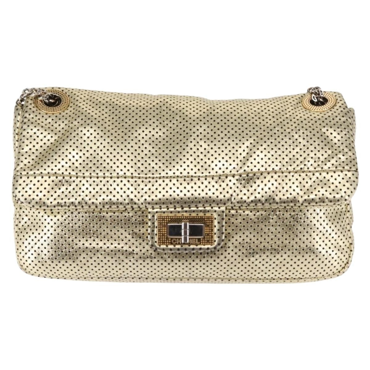 Chanel Drill Flap Bag Perforated Leather, GOLD, LEATHER, Handbag