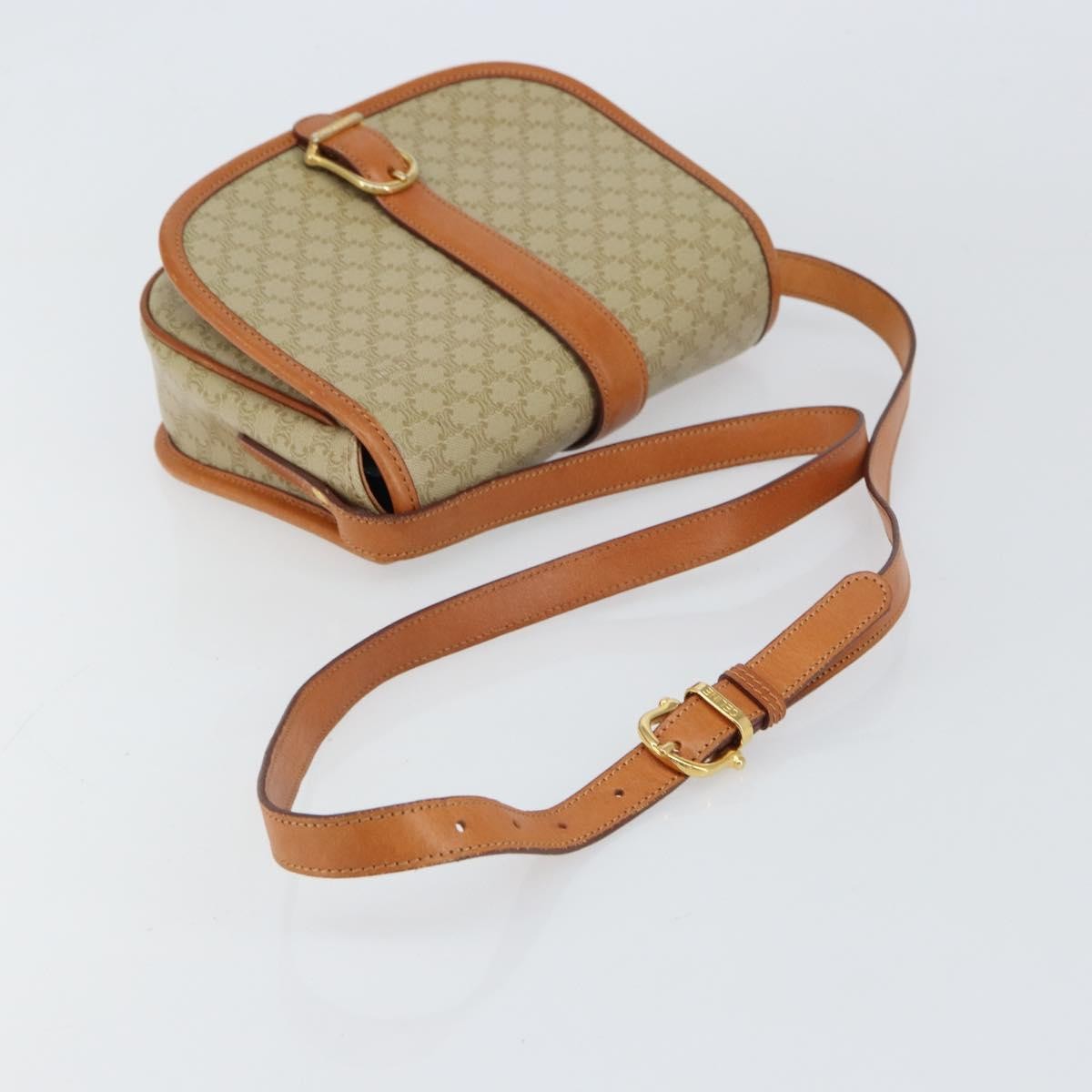 Celine Vintage Macadam Shoulder Bag Canvas and Leather, BEIGE, CANVAS, Shoulder bag