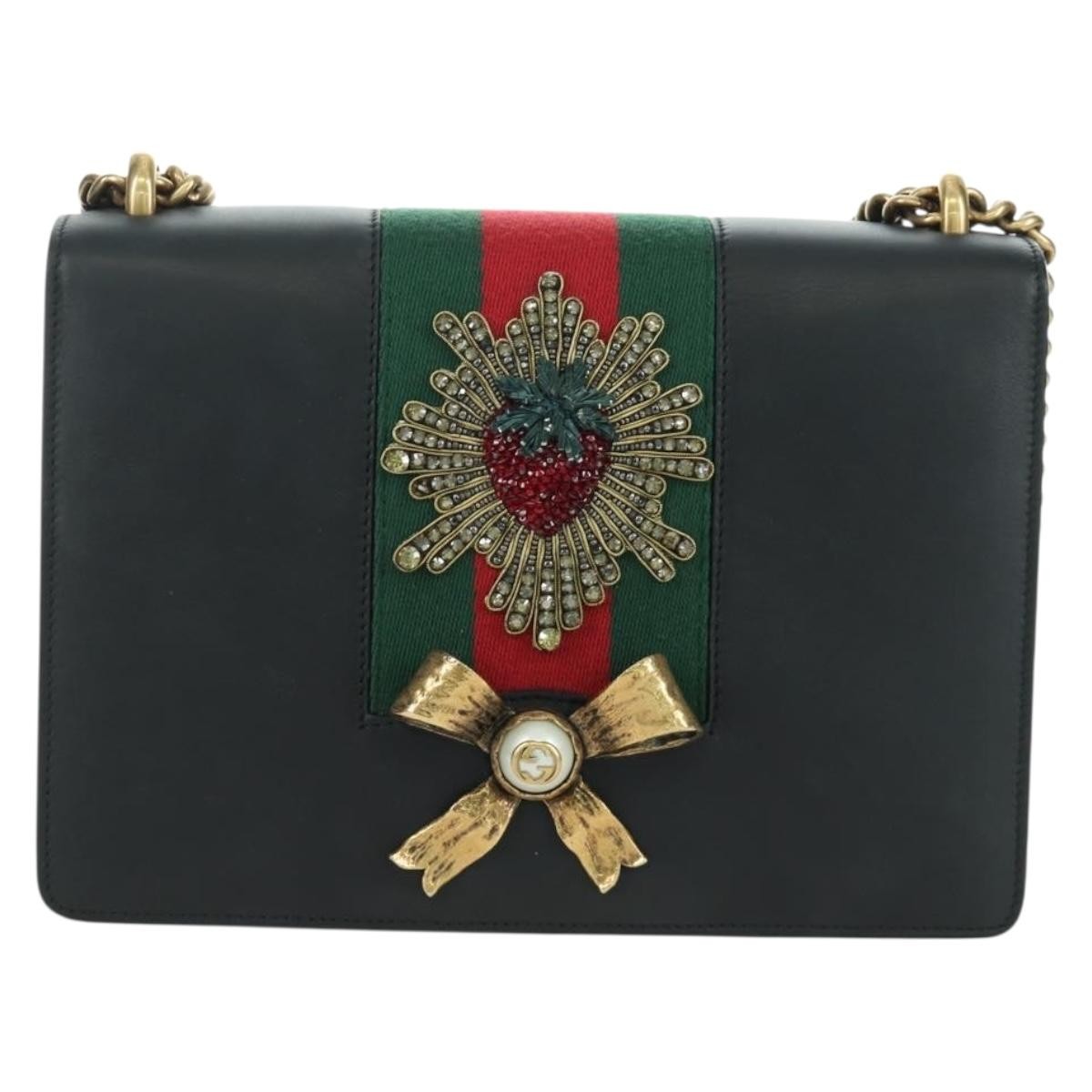 Gucci Web Peony Chain Shoulder Bag Embellished Leather, Black, Leather, Shoulder Bag