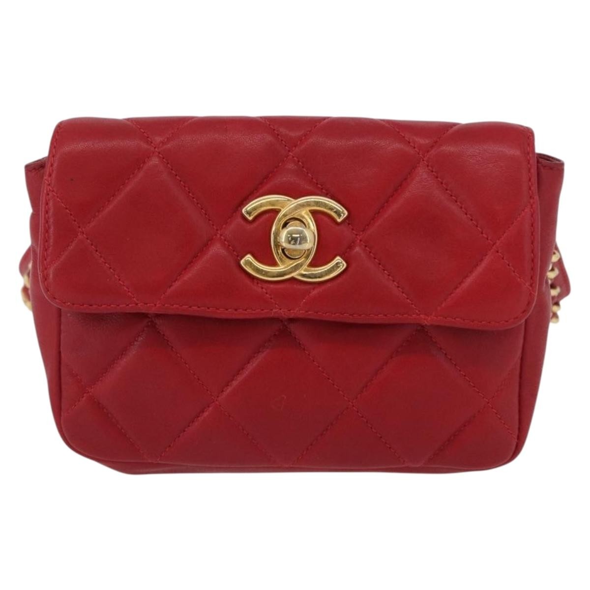 Chanel Vintage CC Flap Waist Bag Quilted Lambskin, Red, Leather, Clutch