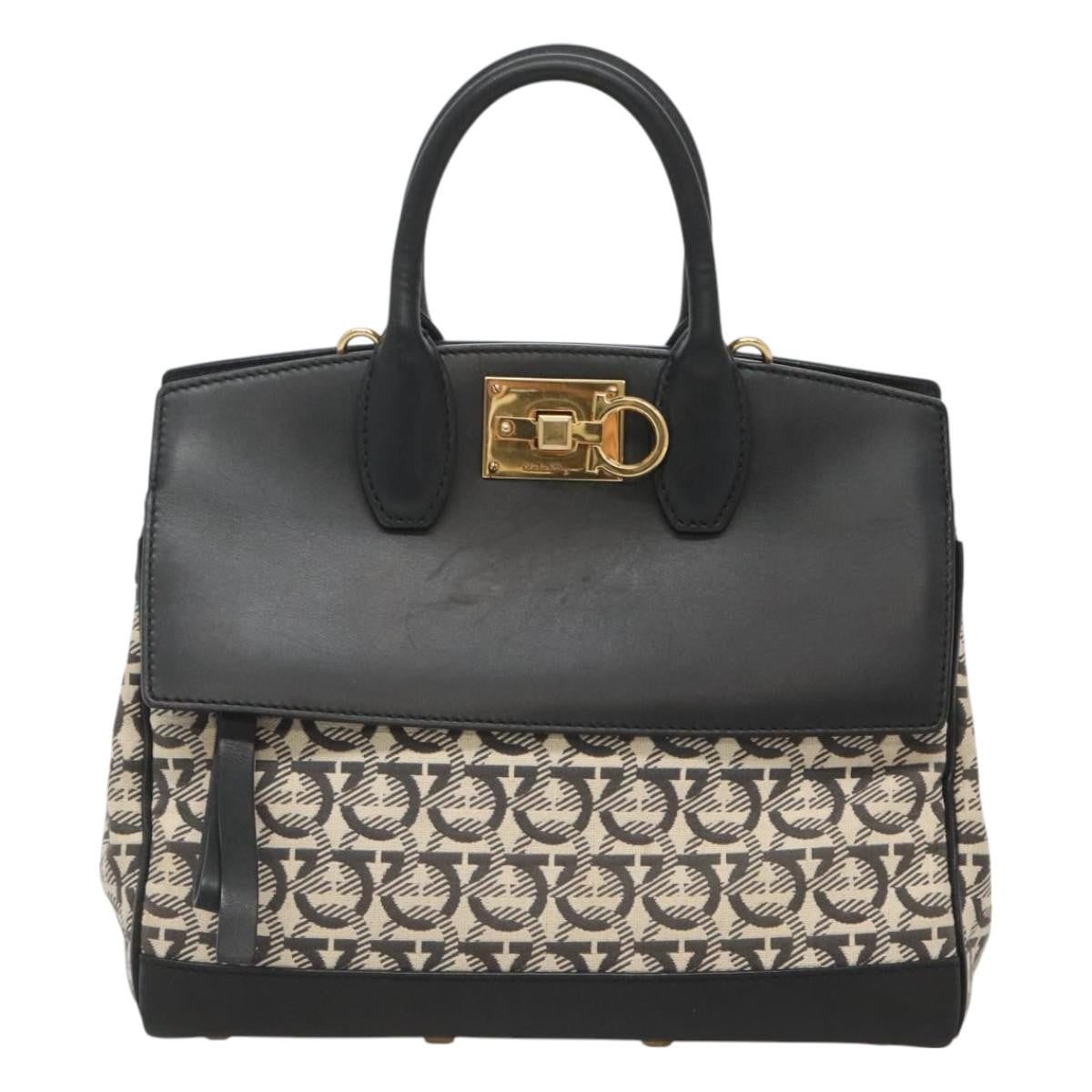 Salvatore Ferragamo Studio Satchel Gancini Jacquard and Leather, BLACK, CANVAS, Handbag
