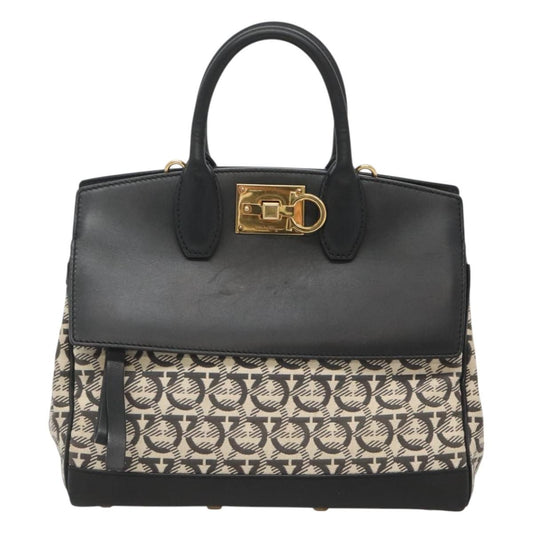 Salvatore Ferragamo Studio Satchel Gancini Jacquard and Leather, BLACK, CANVAS, Handbag