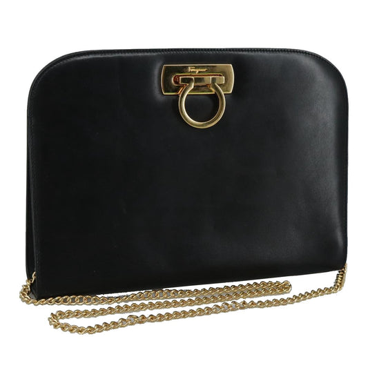 Salvatore Ferragamo Vintage Gancini Chain Shoulder Bag Leather, BLACK, LEATHER, Shoulder bag
