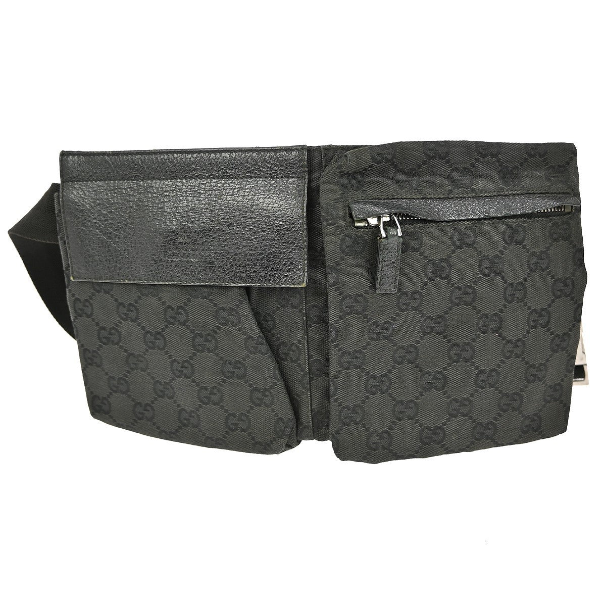 Gucci Vintage Double Belt Bag GG Canvas with Leather, BLACK, CANVAS, Shoulder bag
