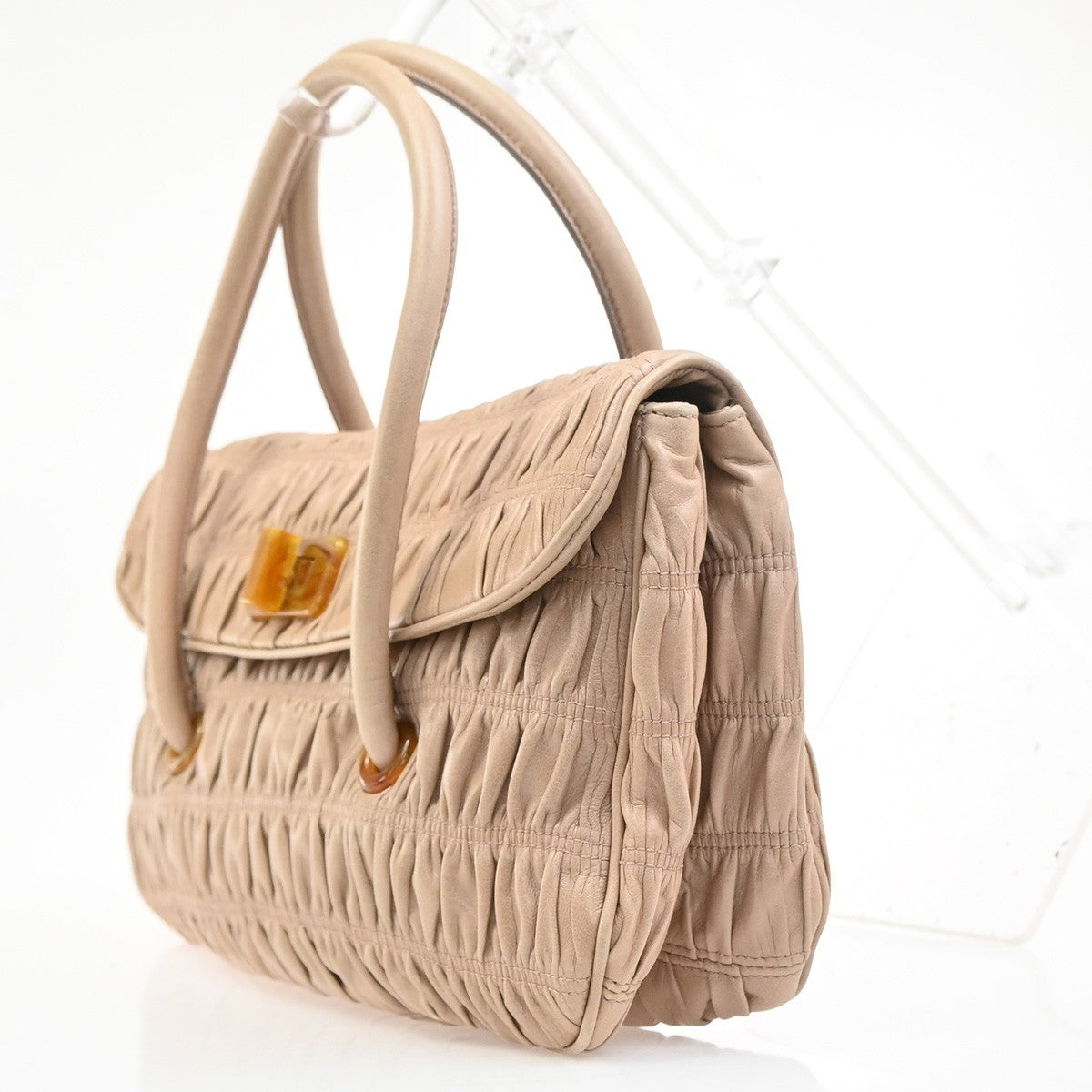 Prada Turnlock Shoulder Bag Nappa Gaufre, Beige, Leather, Shoulder Bag