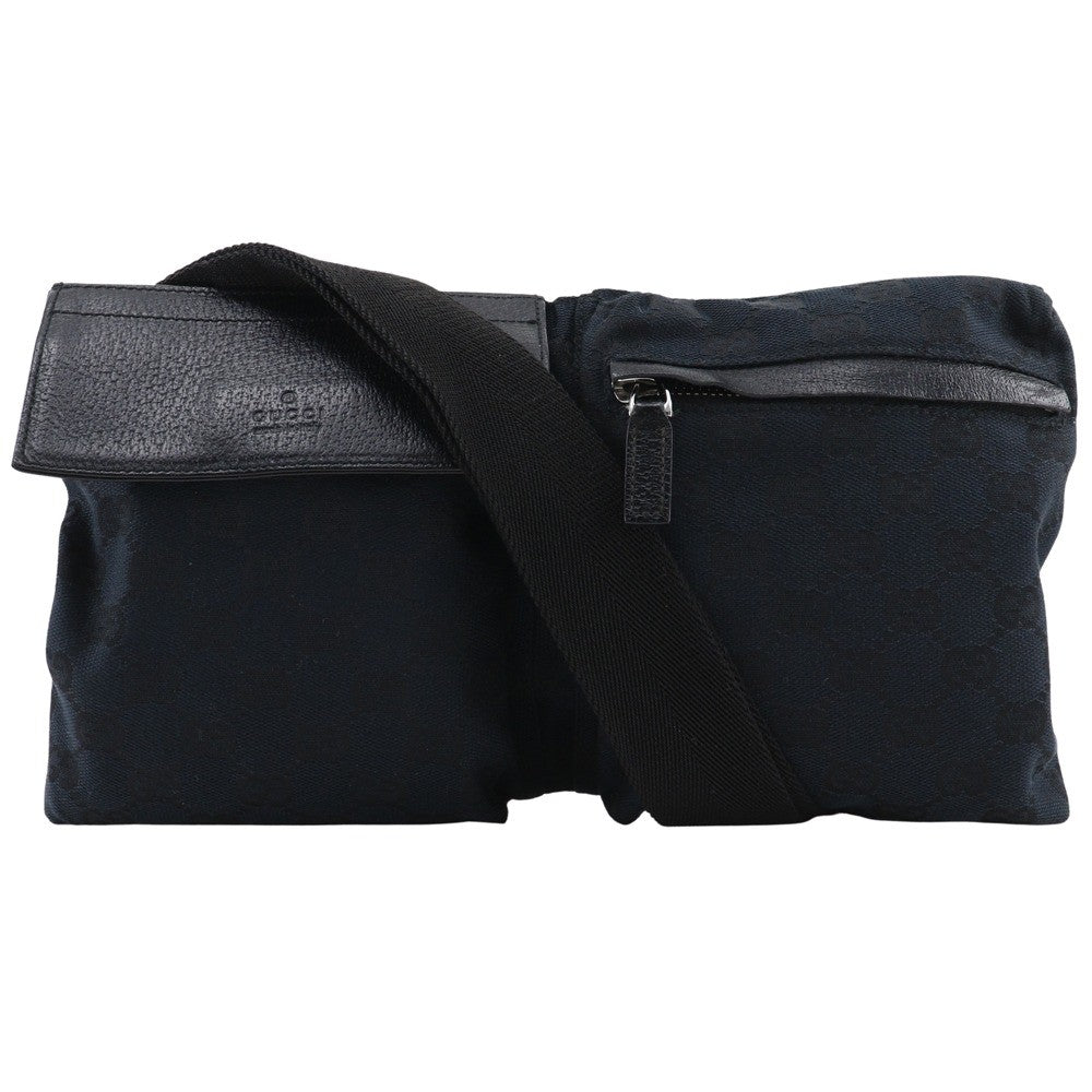 Gucci Vintage Double Belt Bag GG Canvas with Leather, BLACK, CANVAS, Shoulder bag