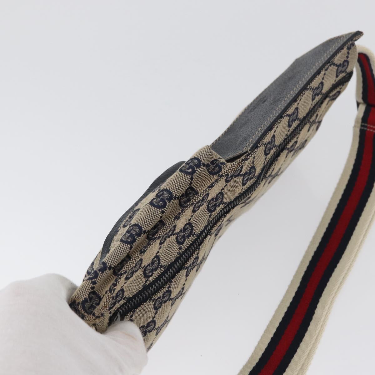 Gucci Vintage Double Belt Bag GG Canvas with Leather, NAVY, CANVAS, Clutche & pouche