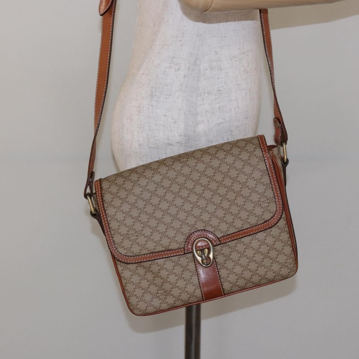 Celine Vintage Macadam Shoulder Bag Canvas and Leather, BEIGE, CANVAS, Shoulder bag
