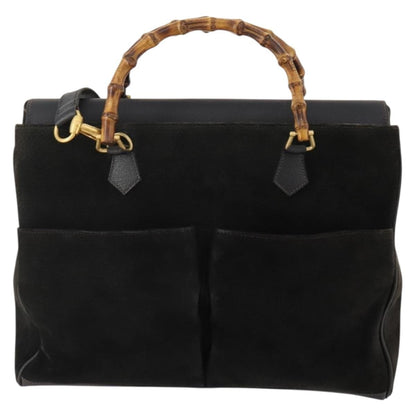 Gucci Vintage Diana Bamboo Top Handle Tote Ostrich, Black, Suede, Tote Bag