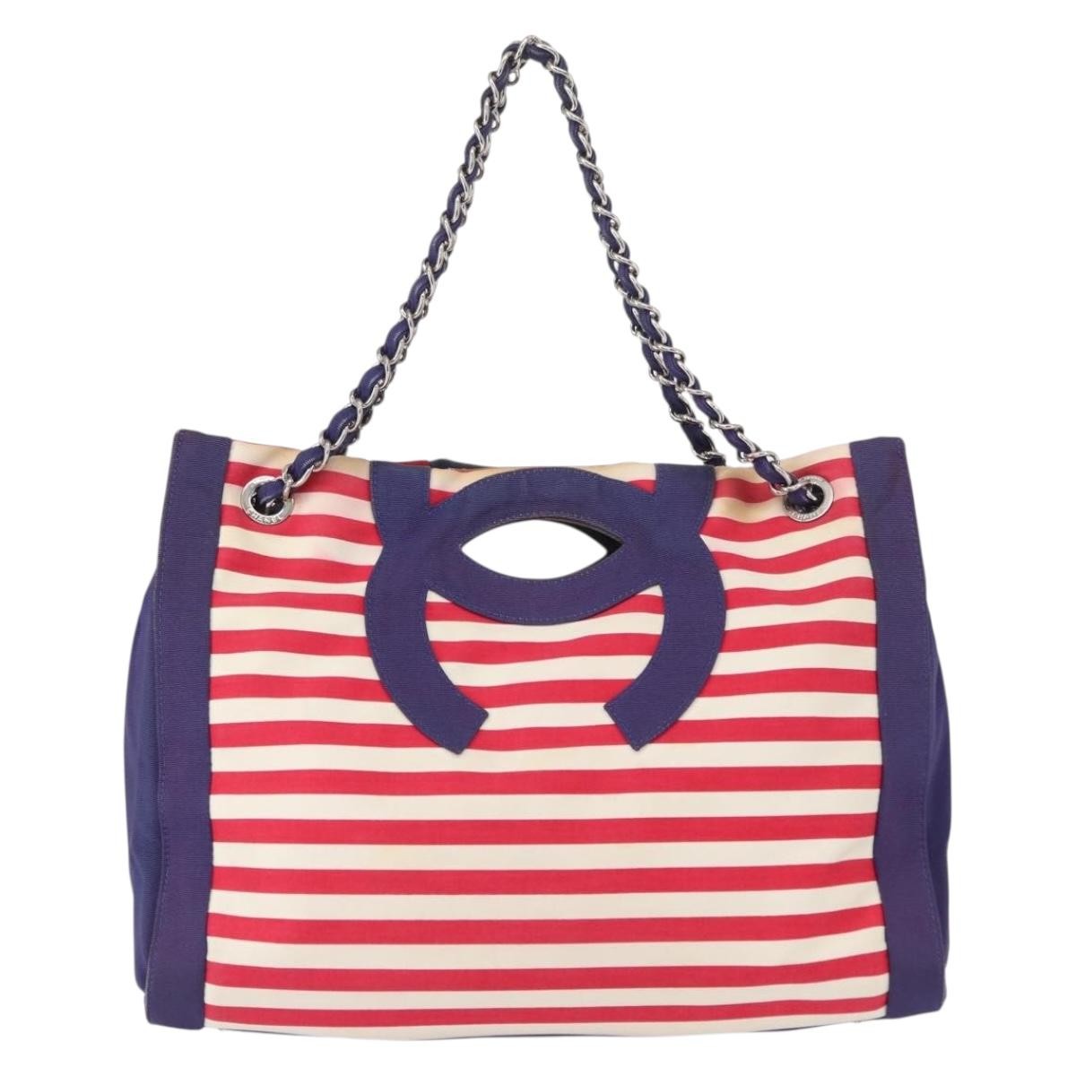 Chanel Mariniere Chain Tote Striped Canvas, NAVY, CANVAS, Tote bag