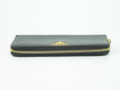 Prada Zip Around Tab Wallet Saffiano Leather, Black, Leather, Wallet