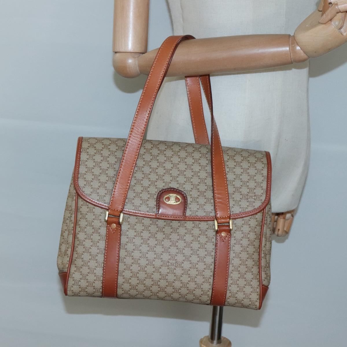 Celine Vintage Macadam Handbag Canvas and Leather, Beige, Canvas, Handbag