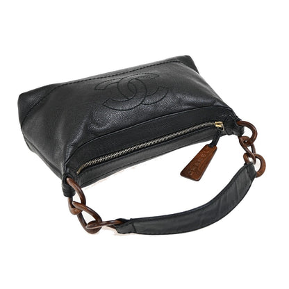 Chanel Vintage Wood Chain CC Shoulder Bag Caviar, BLACK, LEATHER, Shoulder bag