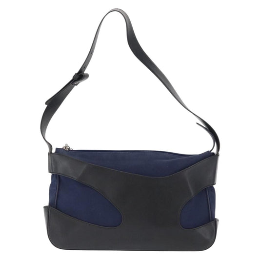 Salvatore Ferragamo Cut Out Shoulder Bag Canvas and Leather, NAVY, CANVAS, Shoulder bag